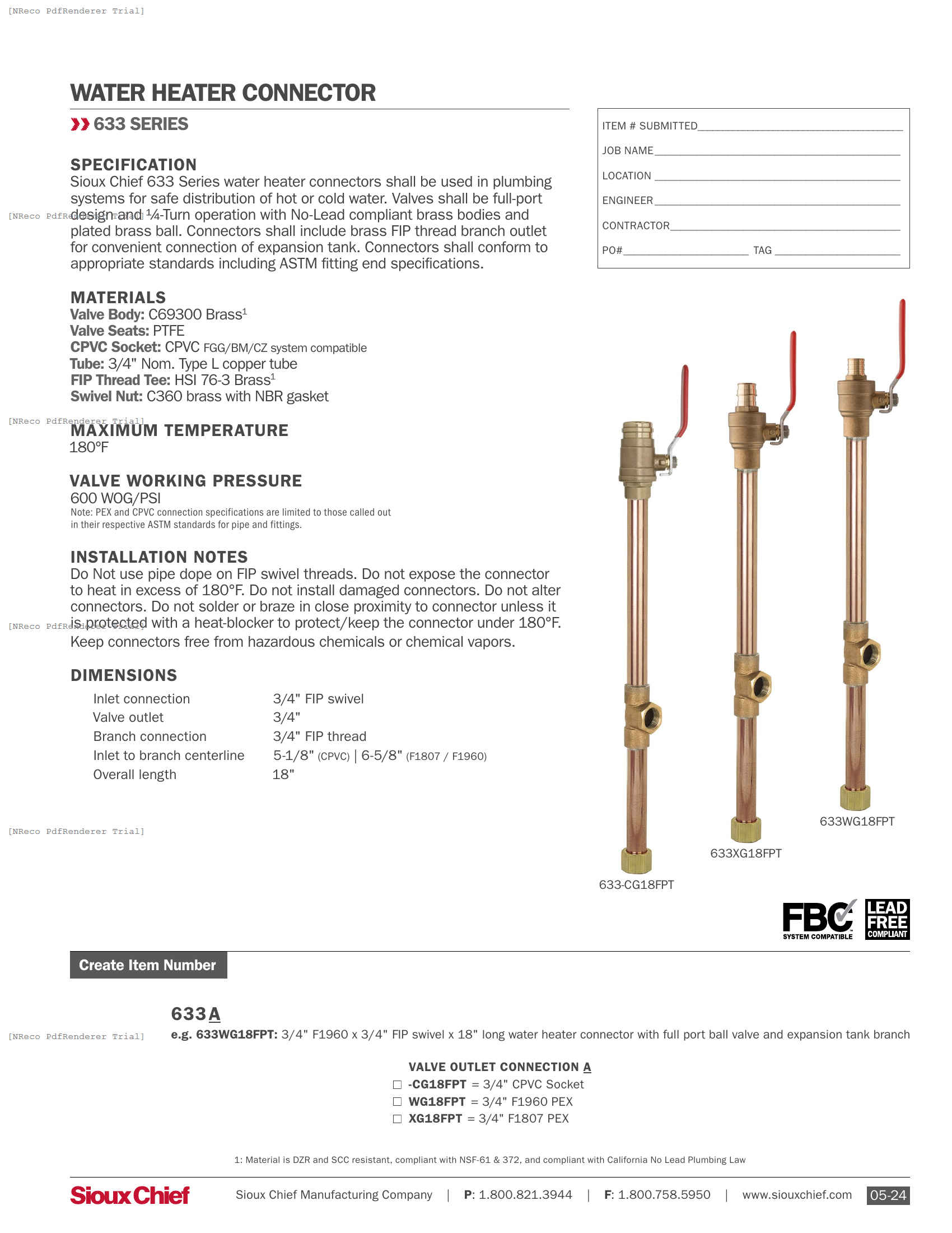 633 SERIES - WATER HEATER CONNECTORS WITH BALL VALVE AND ET BRANCH - SPEC SHEET.PDF Specification Document